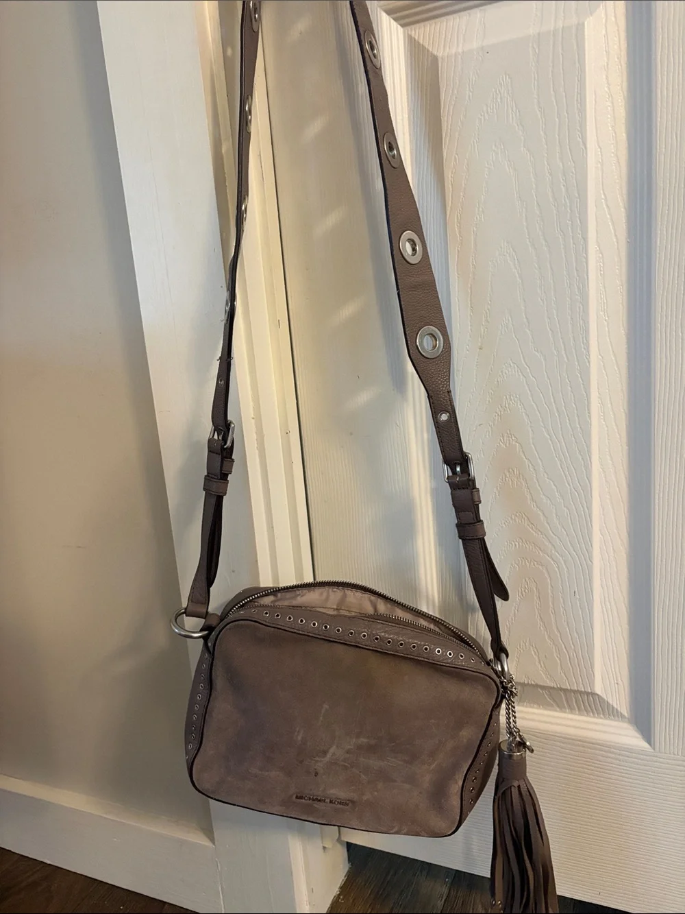 Michael Kors Taupe Leather Messenger with Tassel Accent